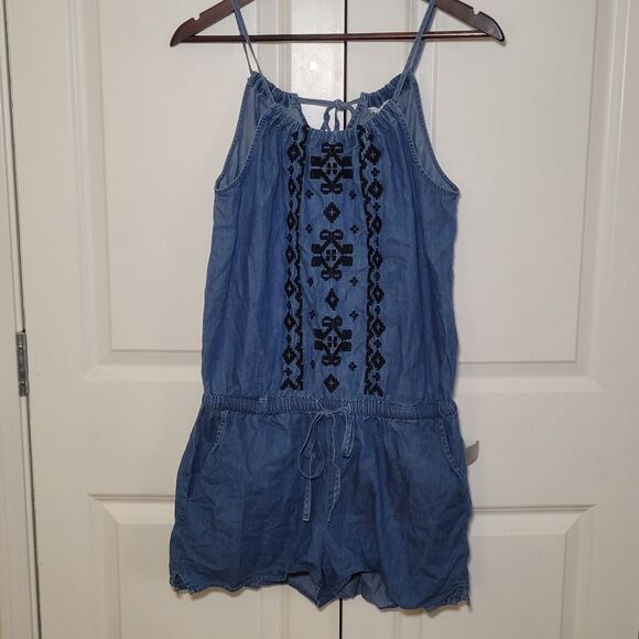 Loft Outlet Lounge Embroidered Denim Romper Size S Boho‎ Hippie Elastic Waist - Picture 1 of 7
